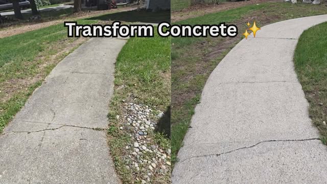 Before and after driveway cleaning showing concrete restoration in Norton Shores, Michigan.