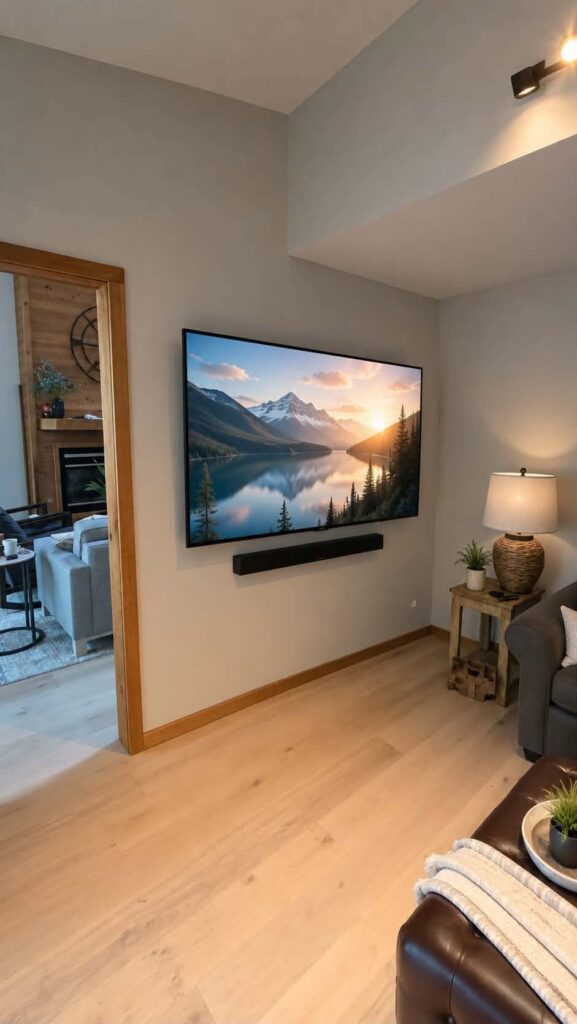 Professional 75-inch TV and soundbar wall mounting installation in Whitehall, MI by Hurry Curry Home Installation