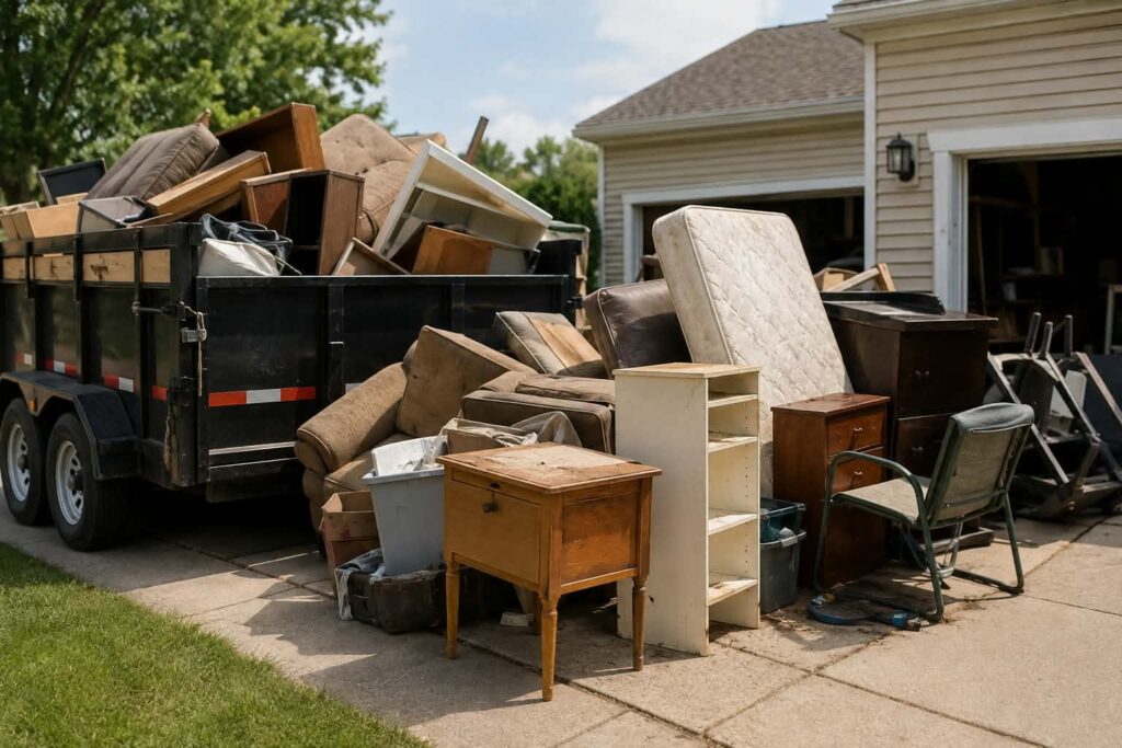 Junk removal service in Muskegon with furniture and household items loaded onto a trailer